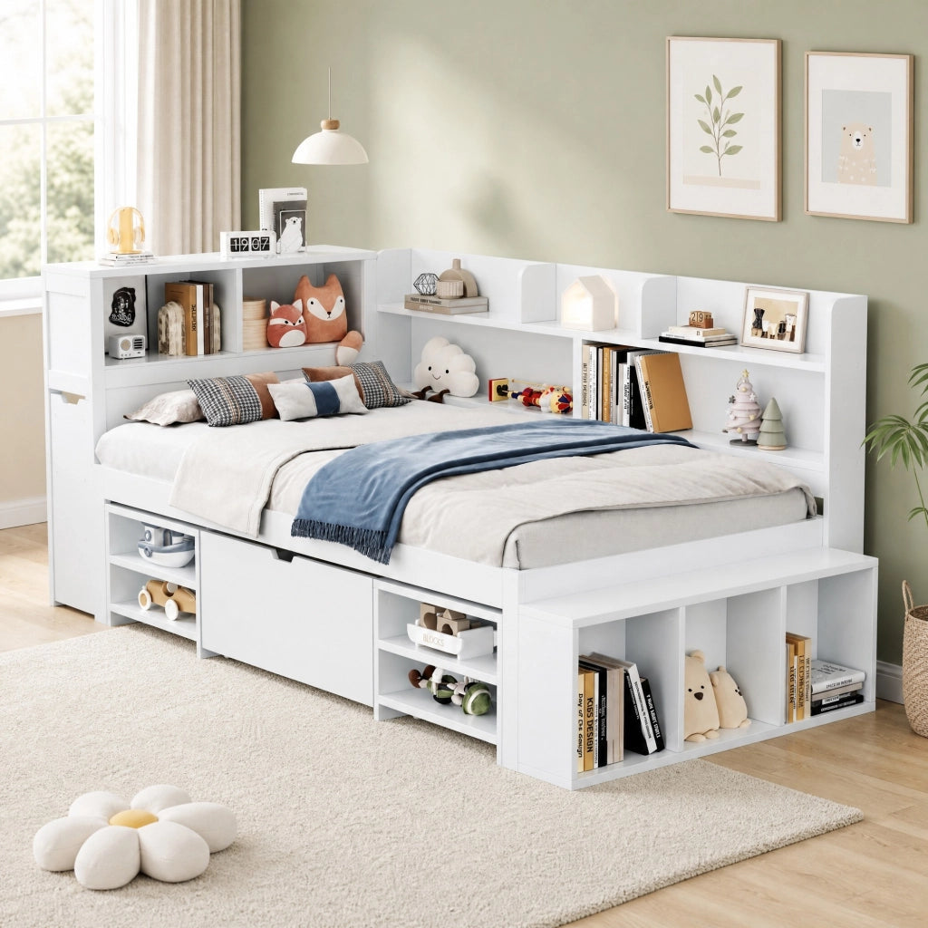 Letto per bambini 90x200 cm con cassetti, libreria e armadietto, con rete a doghe, bianco, senza materasso