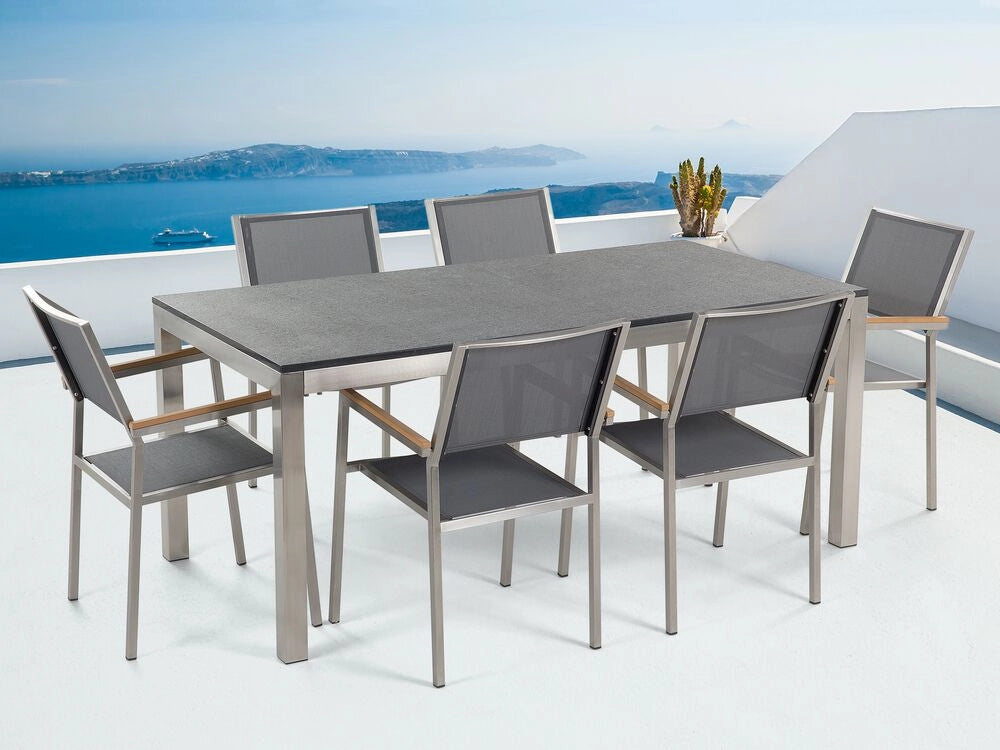 Set da pranzo da giardino grigio con piano in granito fiammato 6 posti 180 x 90 cm