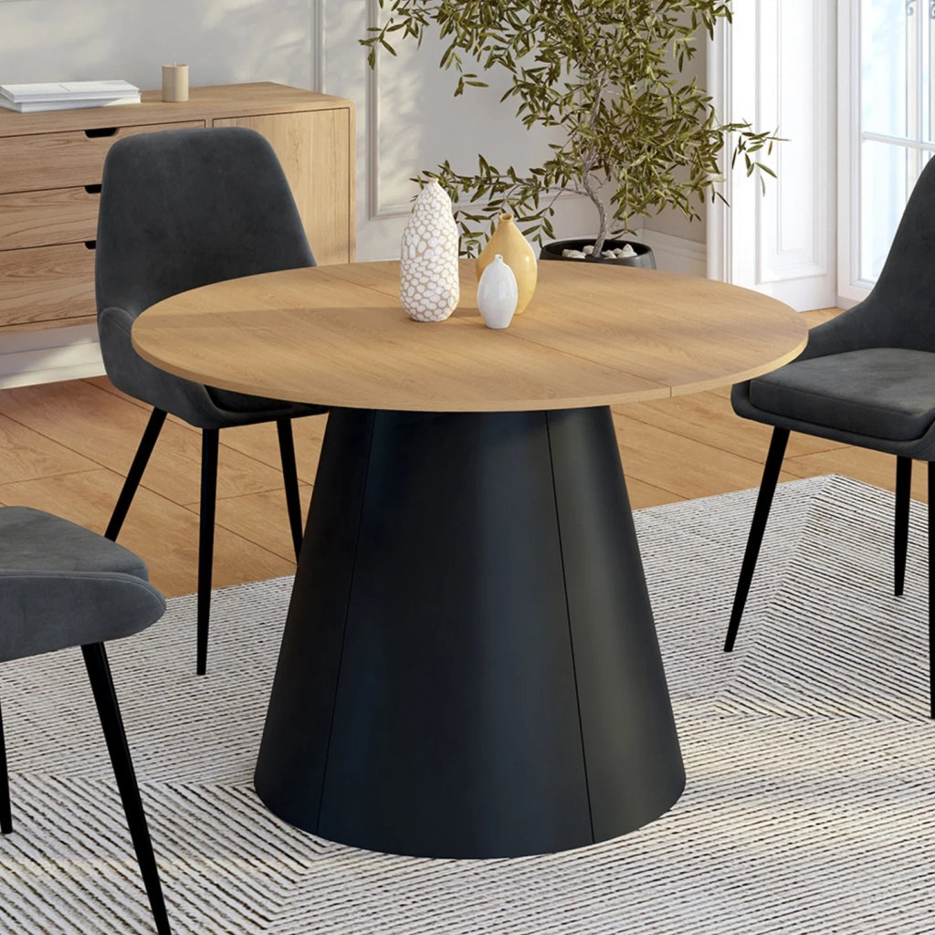 IDMarket - Tavolo da pranzo rotondo allungabile ANGELE, 4-8 posti a sedere, legno effetto faggio e gamba nera, 110-150 cm