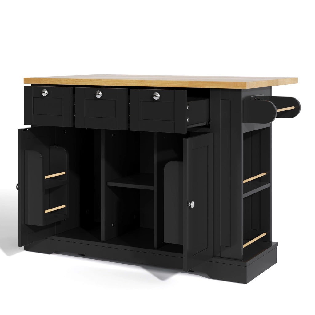 Isola da Cucina Mobile 132x40/70x87 cm Nero e Legno con Piano Ribaltabile; 3 Cassetti; Prese USB e Ruote