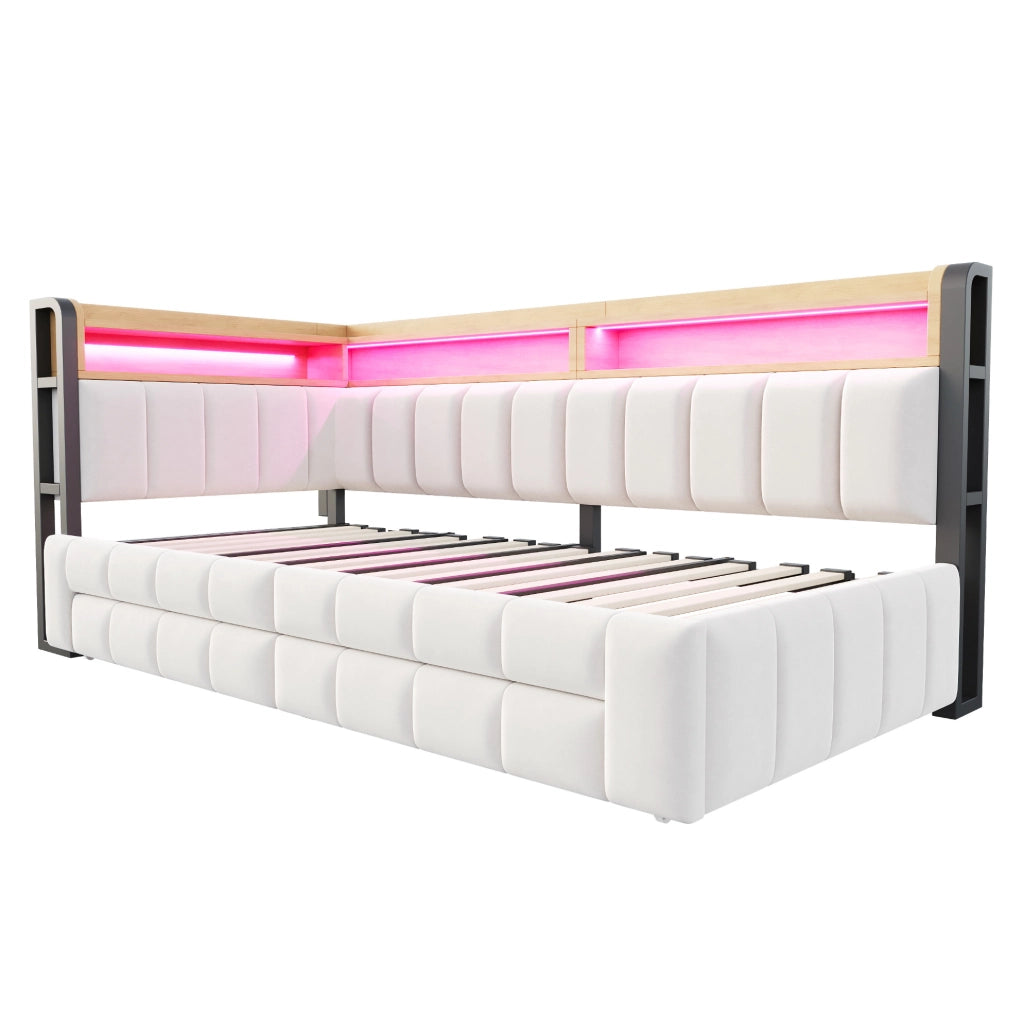 Divano letto imbottito con letto estraibile 90x200 cm; contenitore; LED; USB; beige