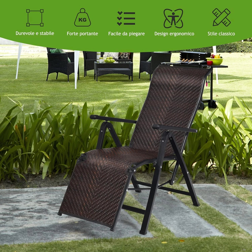 Sedie Pieghevoli e Reclinabili in Rattan, Chaise Longue Portatile con Schienale Regolabile, Sedia a Sdraio da Esterno con Braccioli Ampi, Struttura in Acciaio, per Interno ed Esterno (1)
