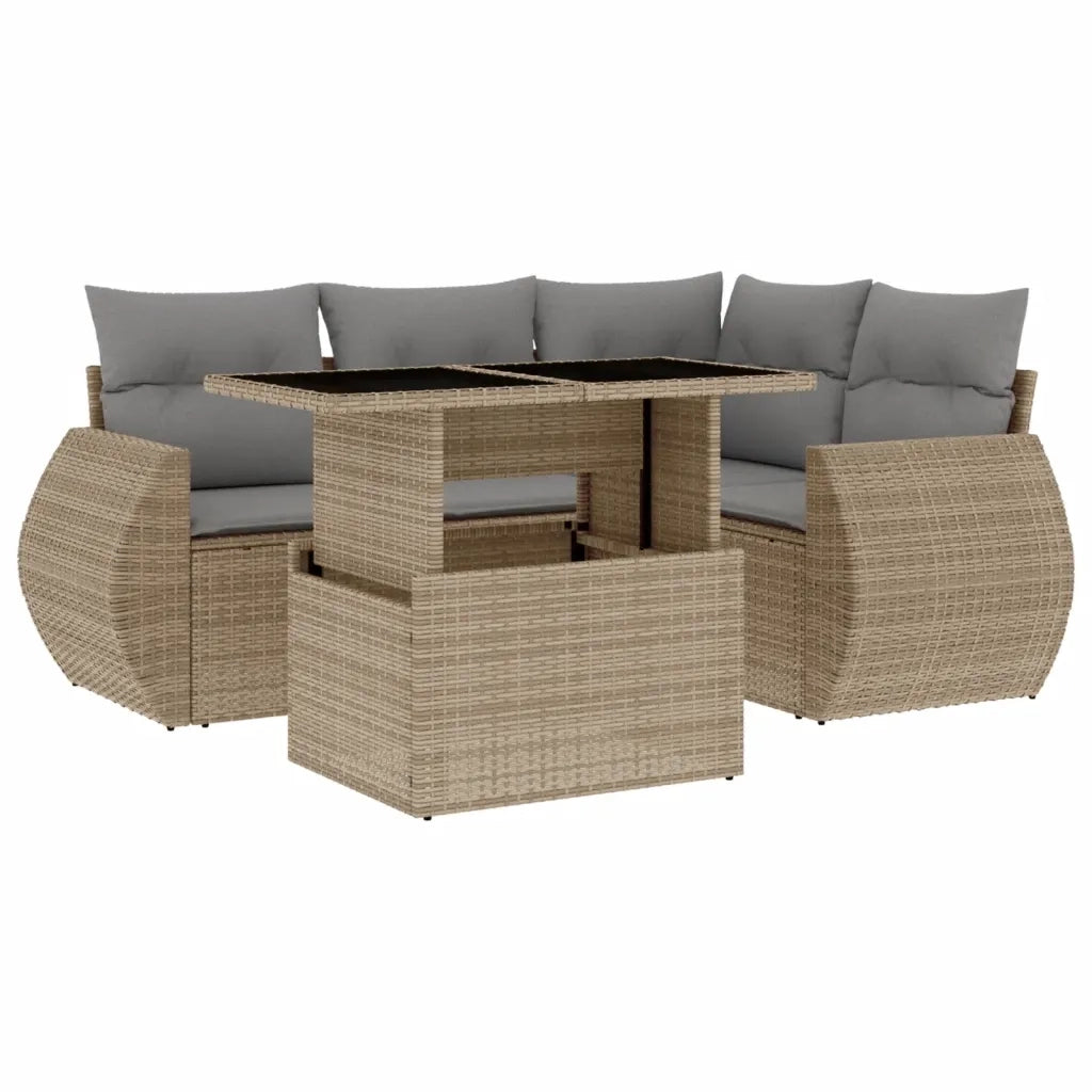 Set Divano da Giardino 5 pz con Cuscini Beige in Polyrattan