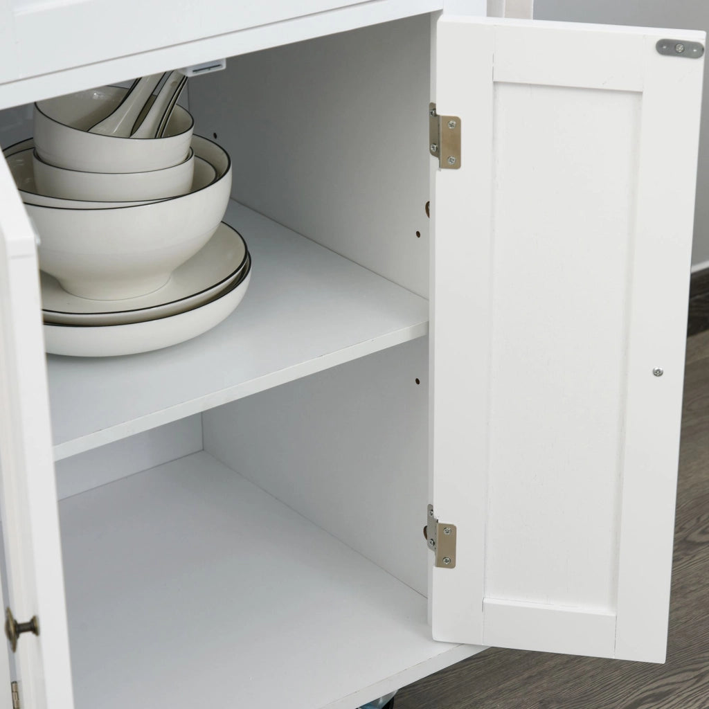 EasyComfort Carrello da Cucina con 2 Cassetti e 2 Armadietti, Isola da Cucina con Piano in Legno, Portaspezie e Porta Canovacci, Bianco