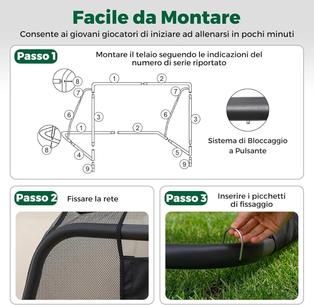 Porta da Calcio per Bambini e Adulti 3 x 2 m con Struttura in Metallo, Rete PE Impermeabile, 8 Picchetti, Sistema di Montaggio a Pulsante, Attrezzatura da Allenamento per Calcio all'Aperto