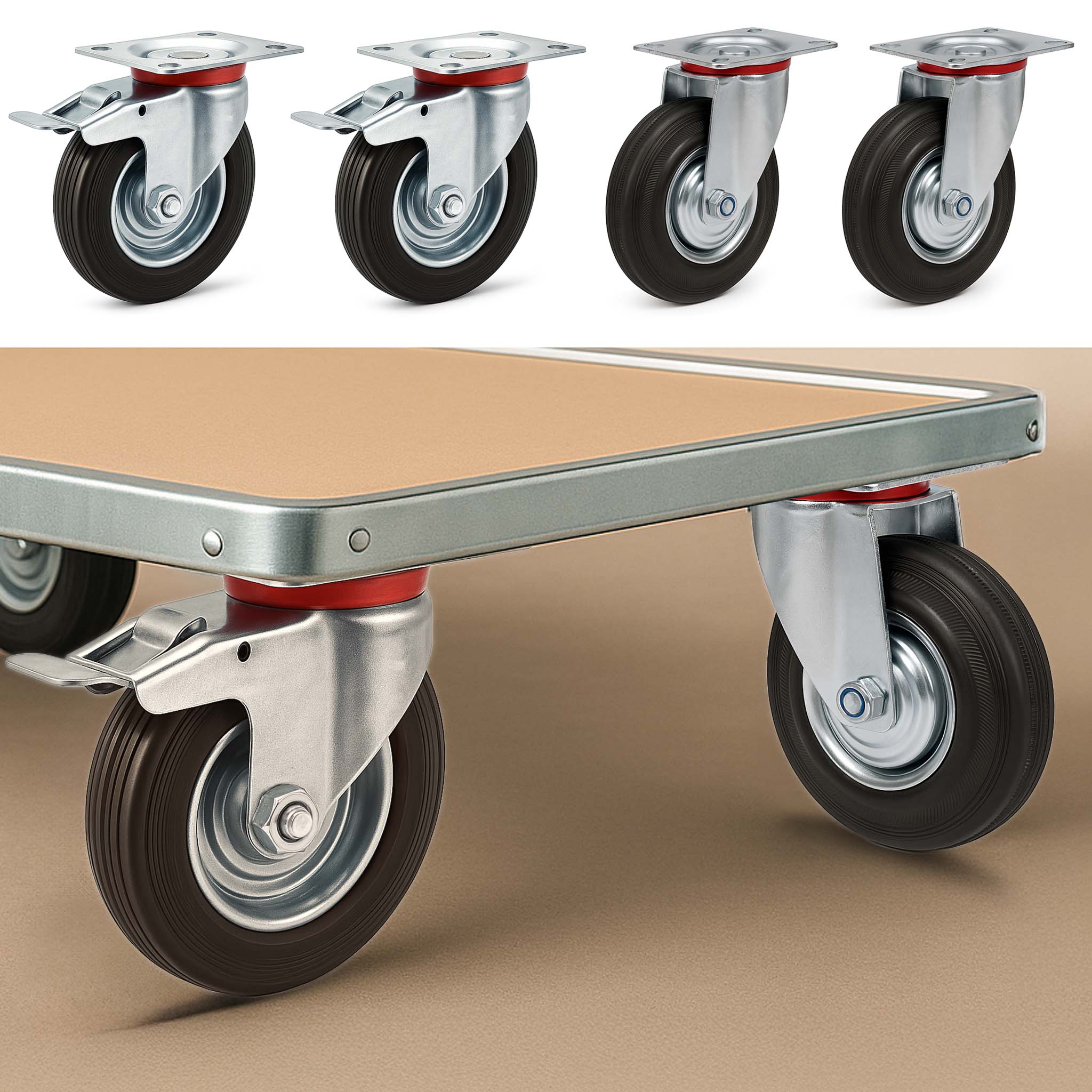 Set 4 ruote piroettanti, freno doppio blocco, Rotella 125mm max 100kg, metallo e gomma piena