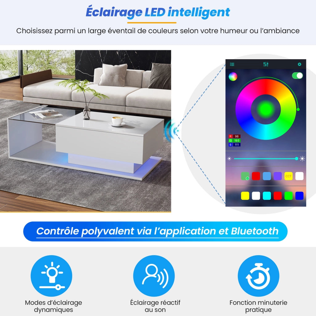 OKWISH Tavolino da Salotto Rettangolare con 1 Cassetto, LED e Piano in Vetro, per Soggiorno, Bianco, 100×50×32 cm