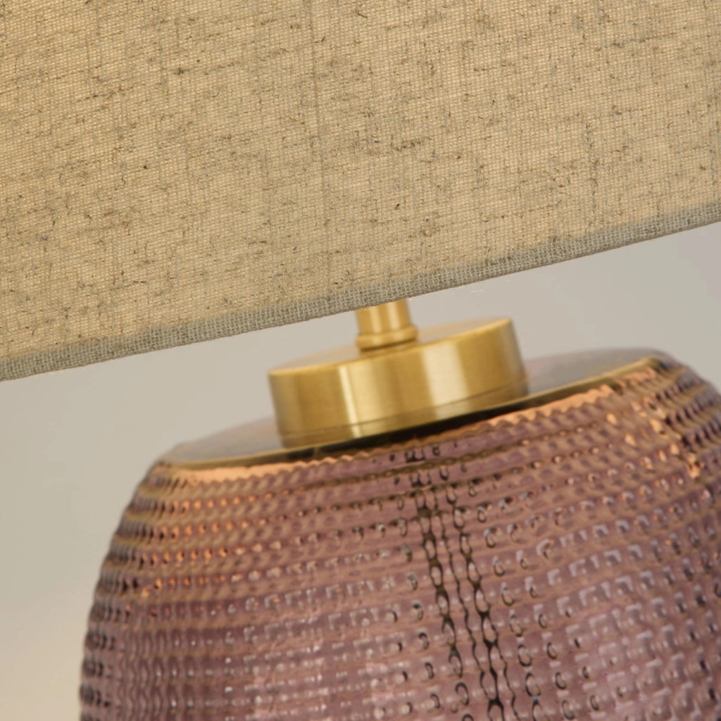 Lampada da tavolo Ametista 1Lt, vetro rosa con paralume in lino naturale