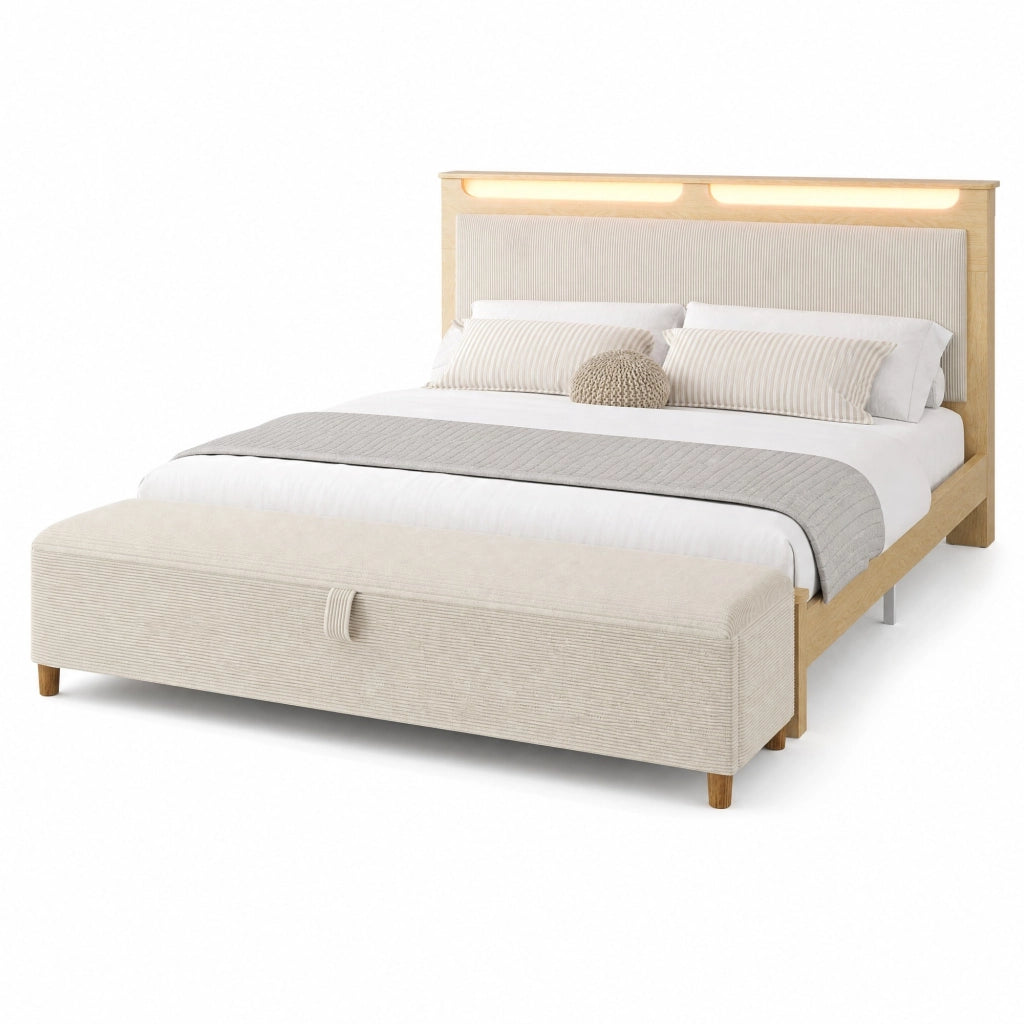 Letto matrimoniale 140x200 cm in legno effetto rovere chiaro con testiera LED e panca contenitore beige
