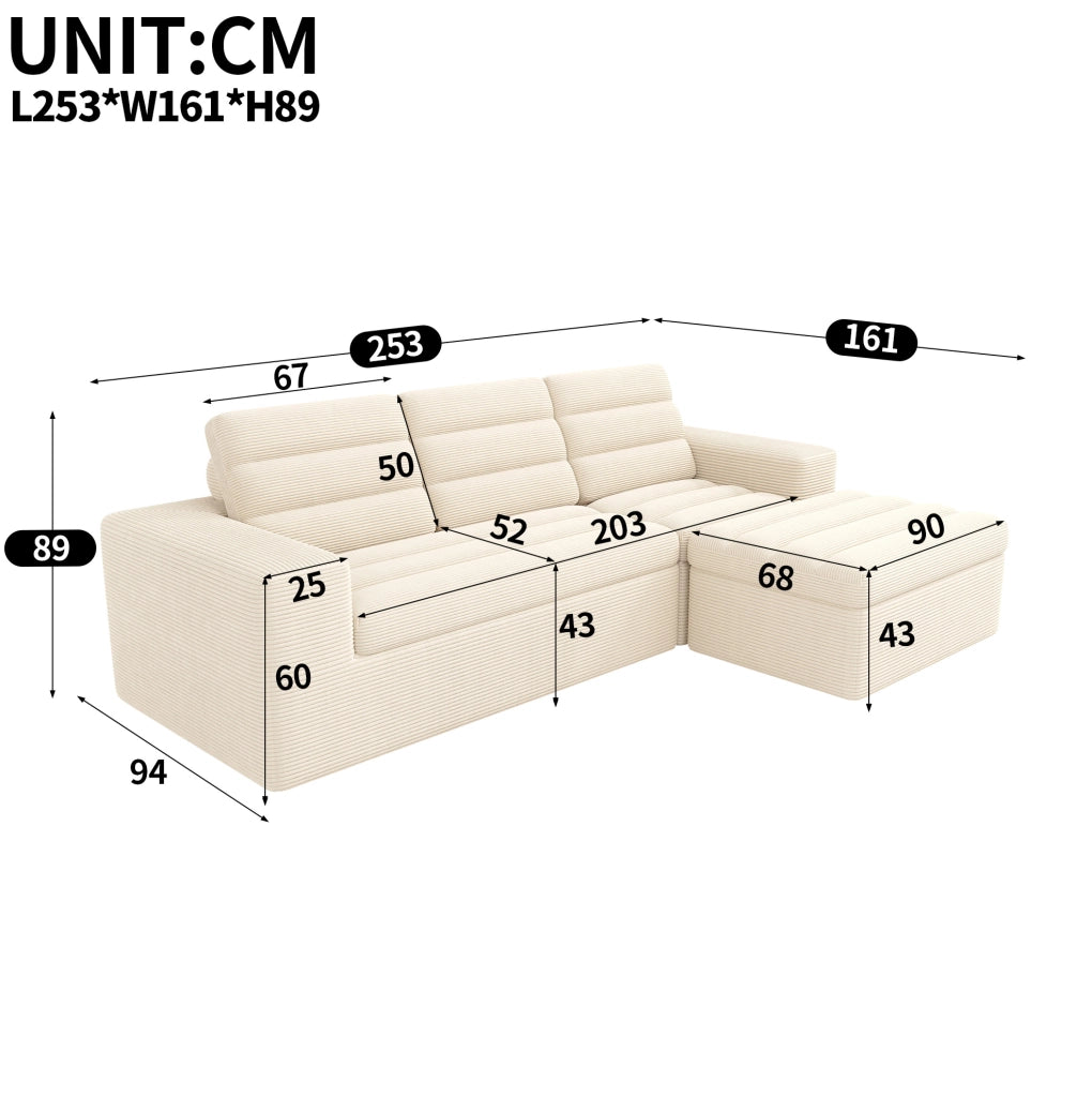 Sofa modulare angolare a L 253 x 161 x 89 cm in corduroy beige