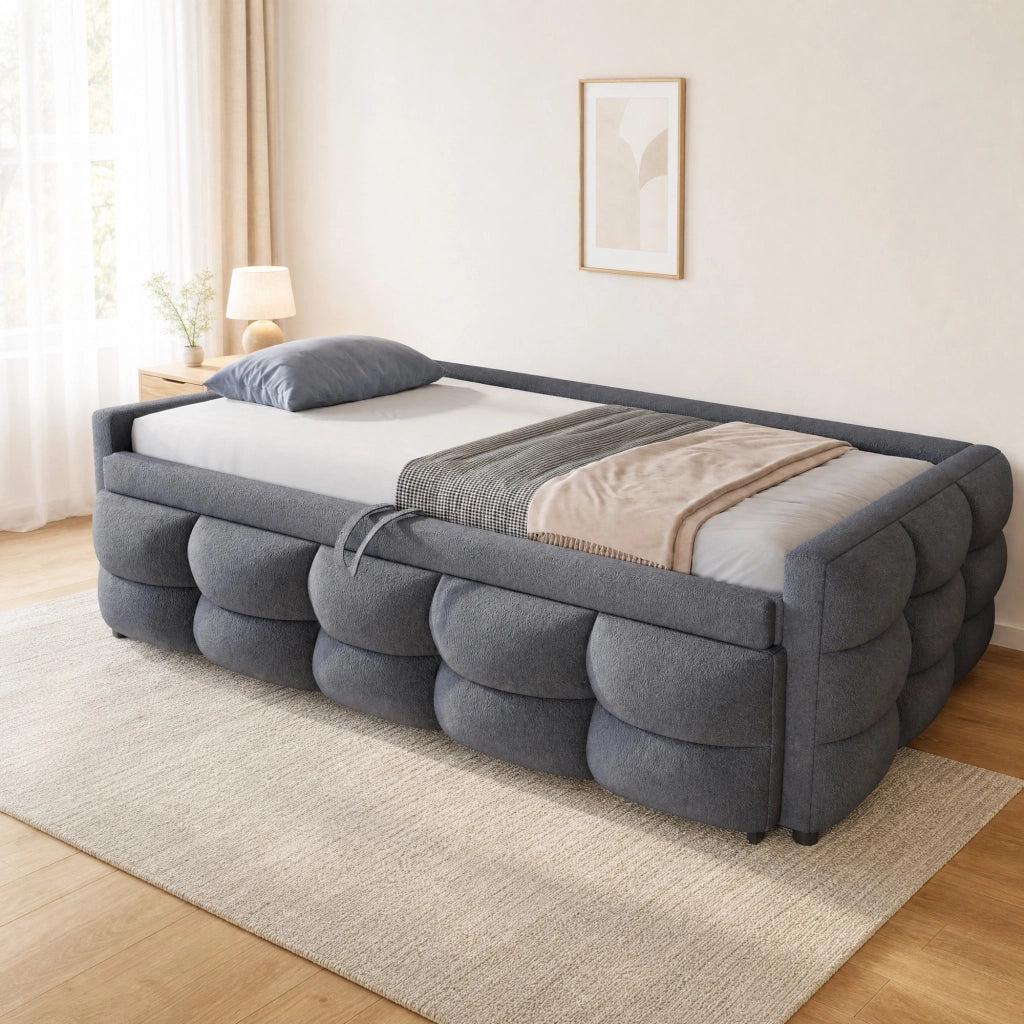 Letto imbottito estraibile 90/180x190 cm in tessuto Teddy grigio con rete a doghe