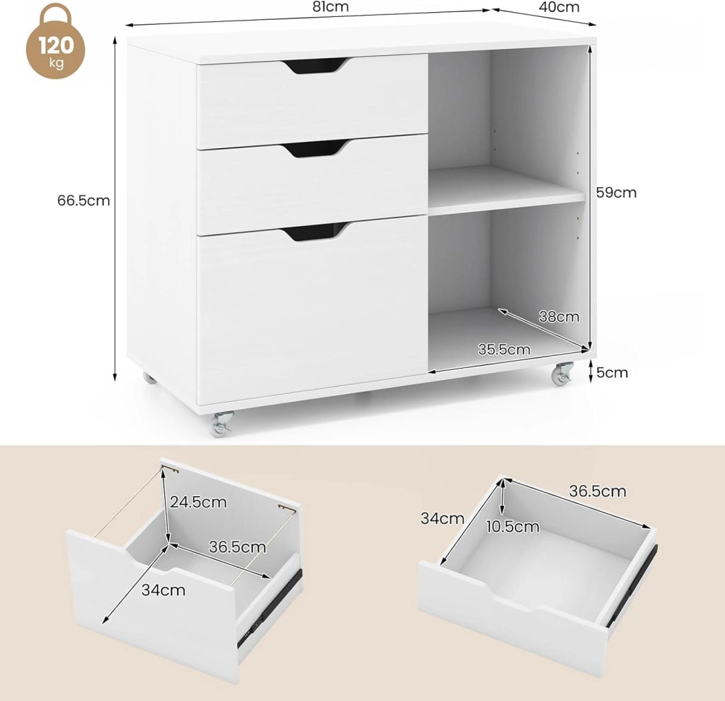 Cassettiera Ufficio, Mobiletto Rimovibili in Legno con 3 Cassetti Regolabili, 2 Scomparti e Ruote con Freno, Credenza Multiuso per Soggirno e Ingresso (Bianco)