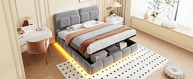 DESMIU Letto contenitore matrimoniale 140 × 200 cm con vano idraulico e LED, senza materasso, velluto grigio