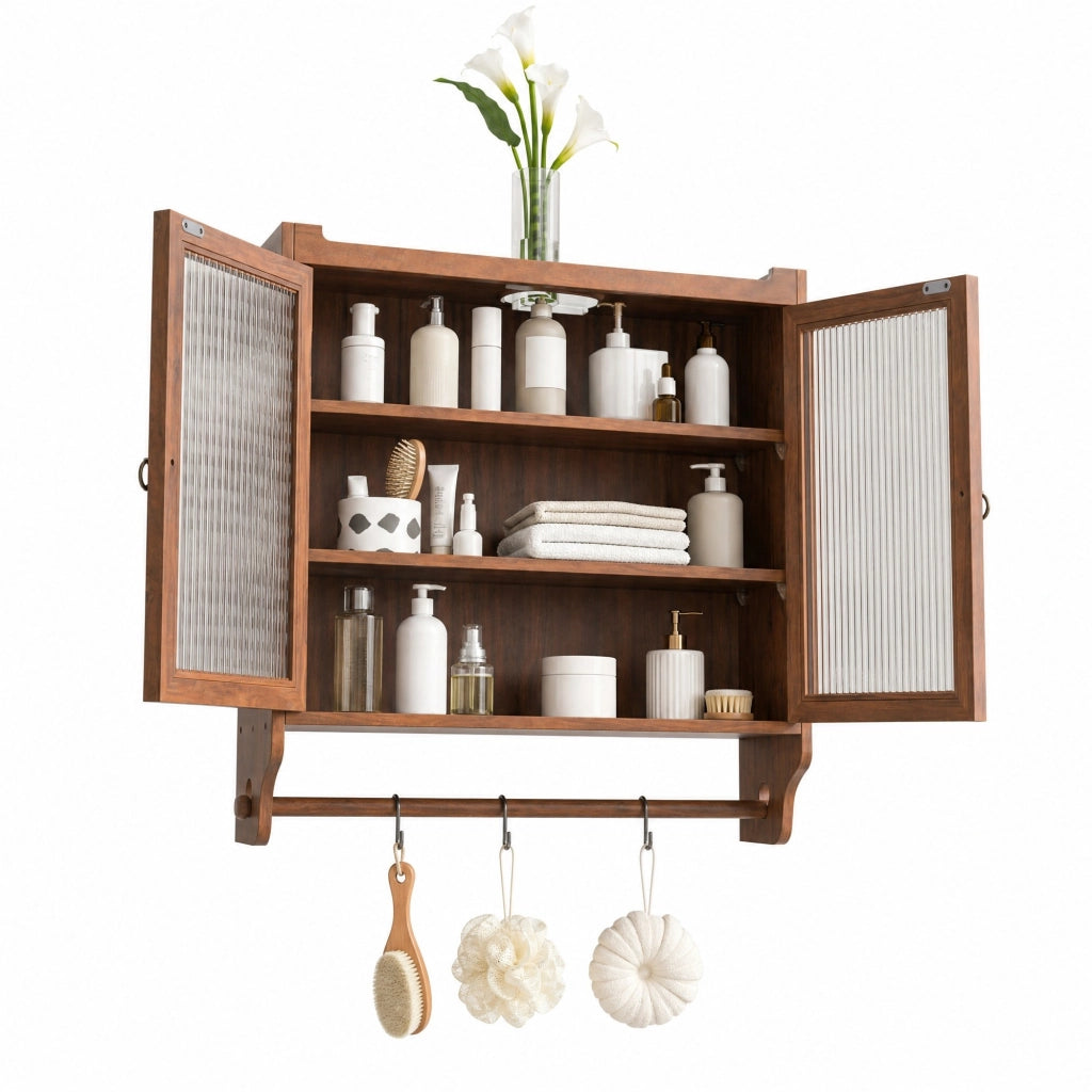 Mobile pensile vintage in legno e vetro marrone, con ante doppie, 3 ripiani e mensola porta asciugamani, 63 x 60 x 18 cm
