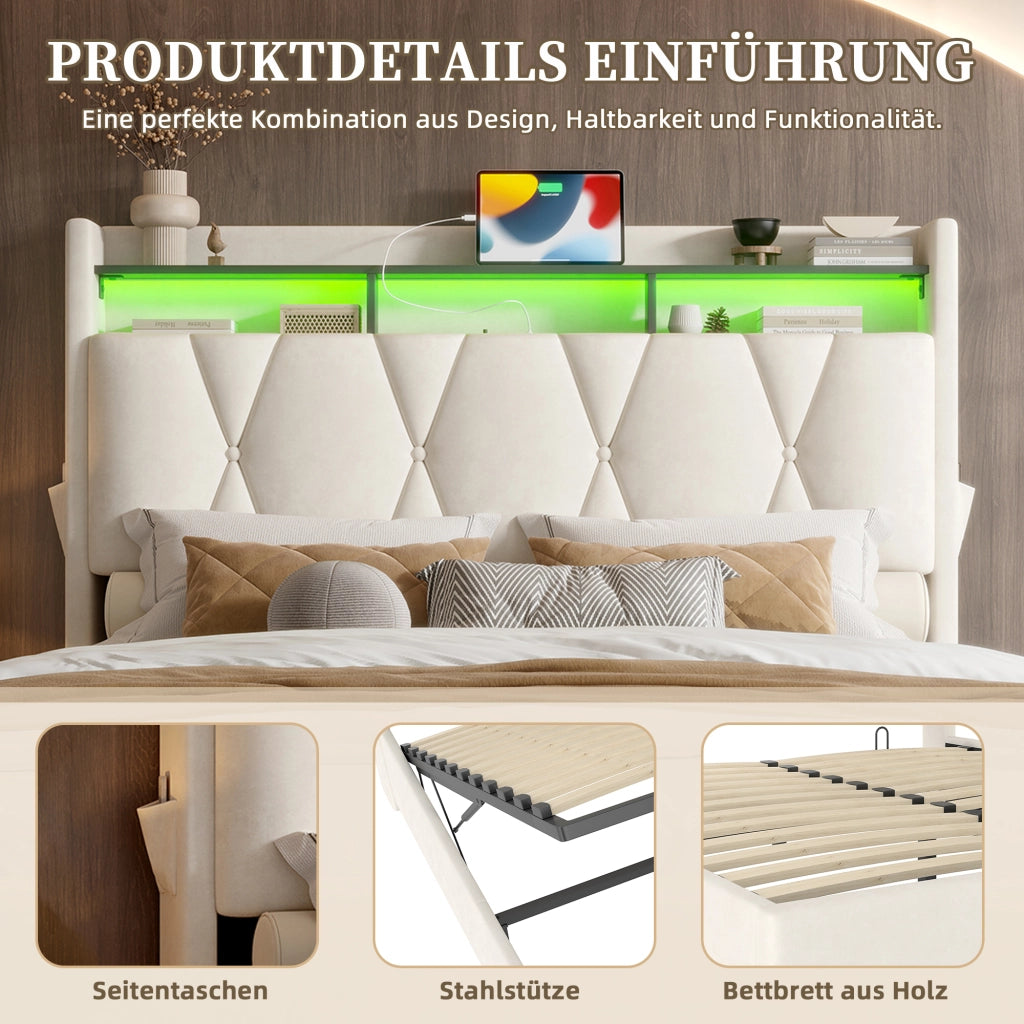 OKWISH Letto Contenitore 140×200 cm, Letto Matrimoniale con LED, USB, Type-C, Mensole e Testiera Ribaltabile, senza Materasso, Velluto Beige