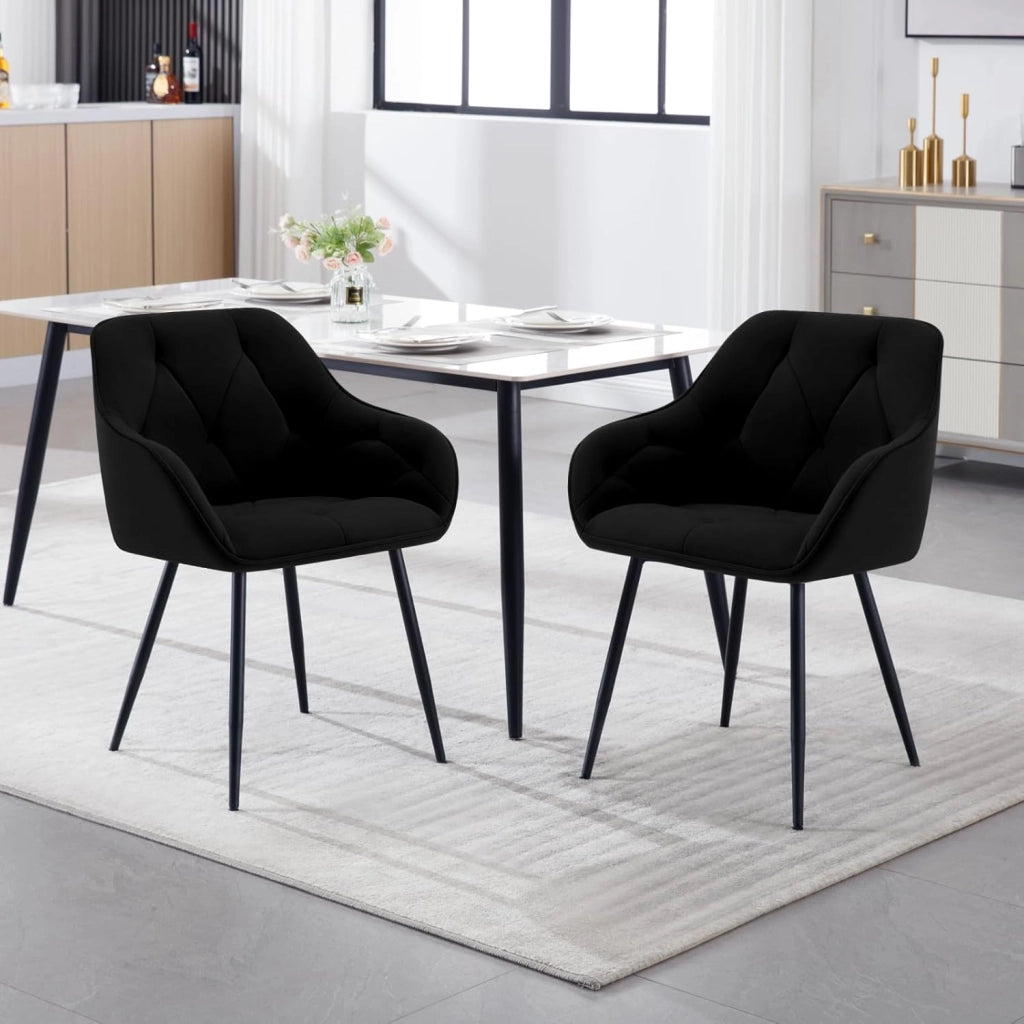 Set di 2 Sedie da Pranzo con Braccioli e Schienale, Sedie Cucina Moderna in Velluto, Poltrone da Salotto con Gambe in Metallo, Sedie ergonomiche per Ufficio, Bar, Nero, EZS02sz-2