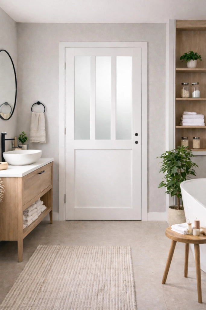 Blocco porta officina BIANCO vetro satinato H204 x L73 spingendo a destra Dimensioni tavolo