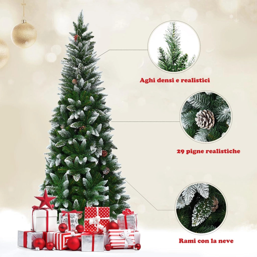 Albero di Natale Innevato 180/220 cm, Albero di Natale Slim con Pigne, Base di Metallo e Rami Rigogliosi in PVC, Ideale per Casa, Ufficio e Negozio (180 cm)