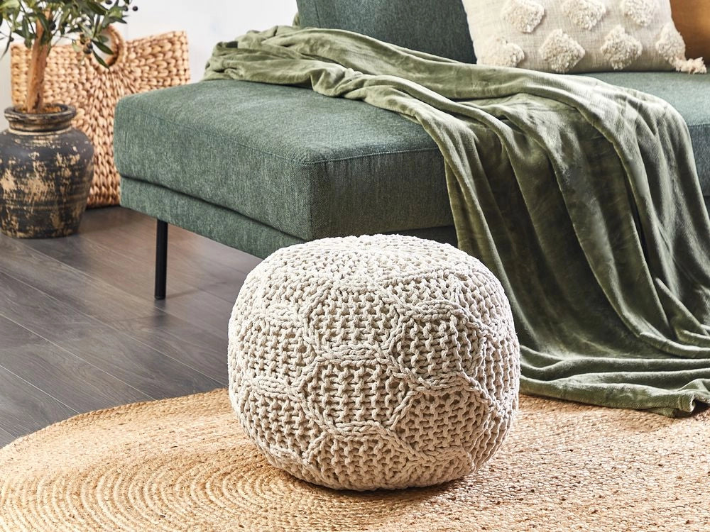 Pouf e poggiapiedi moderni in macrame e cotone intrecciato a mano beige chiaro ⌀ 50 cm soggiorno camera da letto