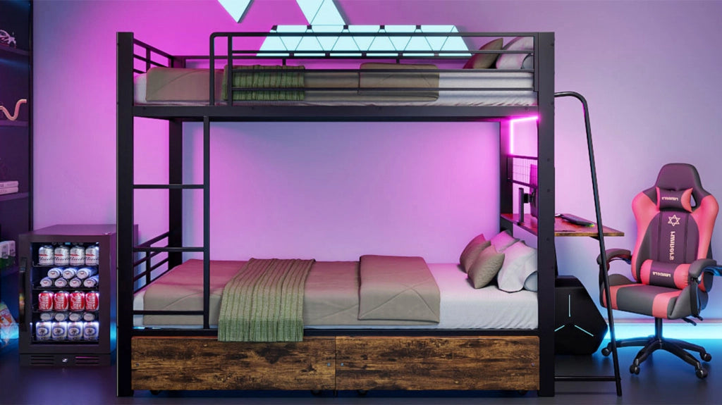 Letto a soppalco 90 × 200 cm con scrivania, LED e cassetti contenitore, senza materasso, nero
