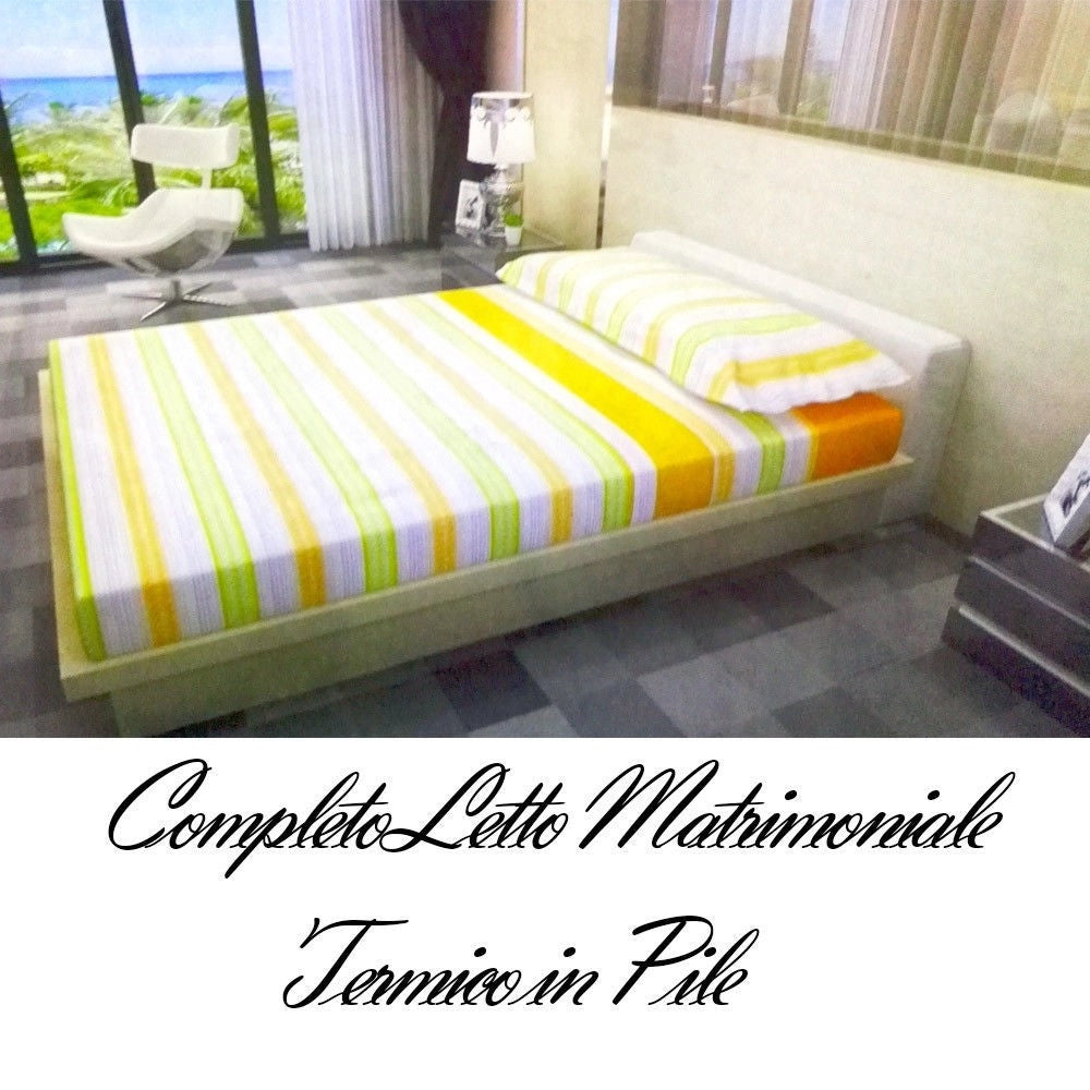 Trade Shop - Completo Da Letto In Pile Lenzuolo Sopra E Sotto 2 Copricuscino Arancione Verde -