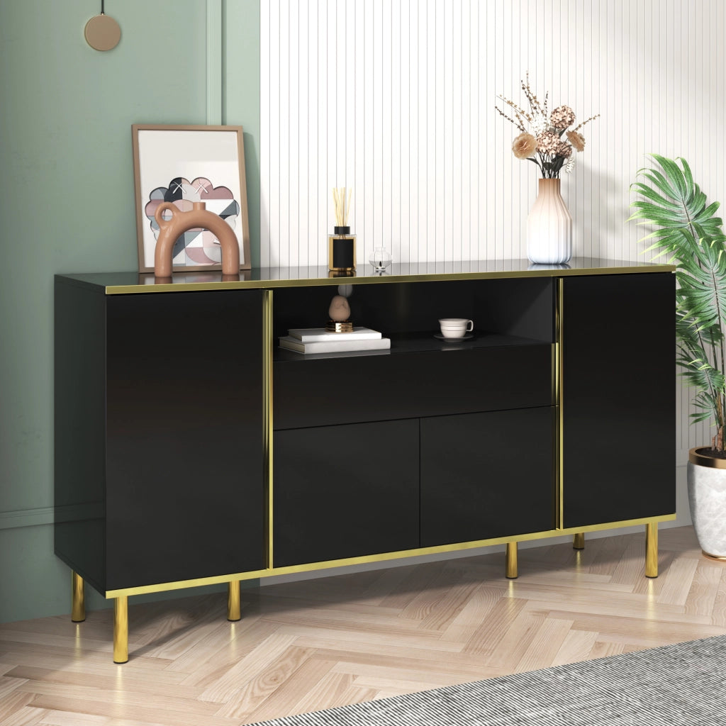 Sideboard nero lucido con 1 cassetto, 150x40x80 cm
