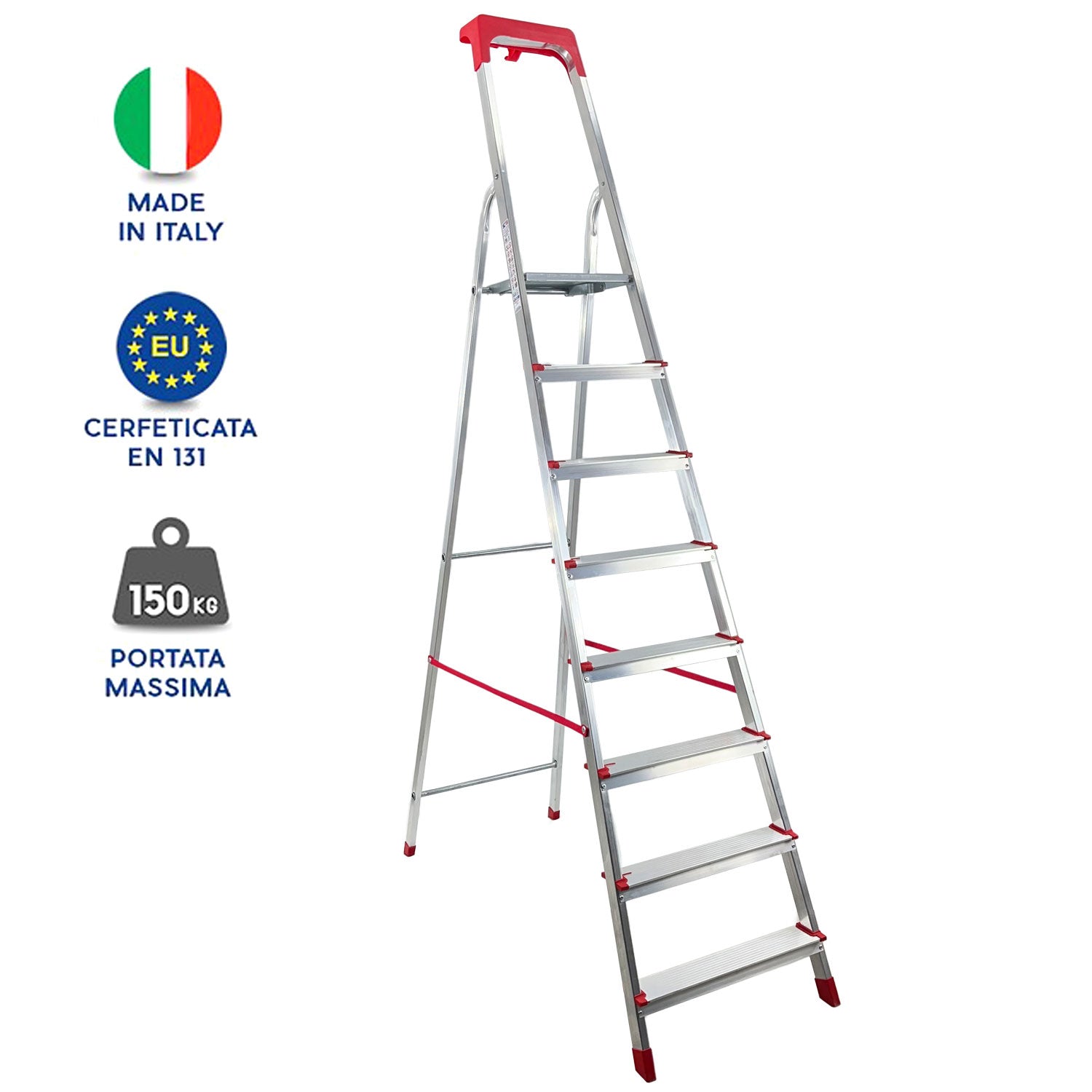 Scala Domestica in Alluminio Martina Leggera Portatile Scaletto Vaschetta Portaoggetti Pieghevole Robusta Salv 8 gradini