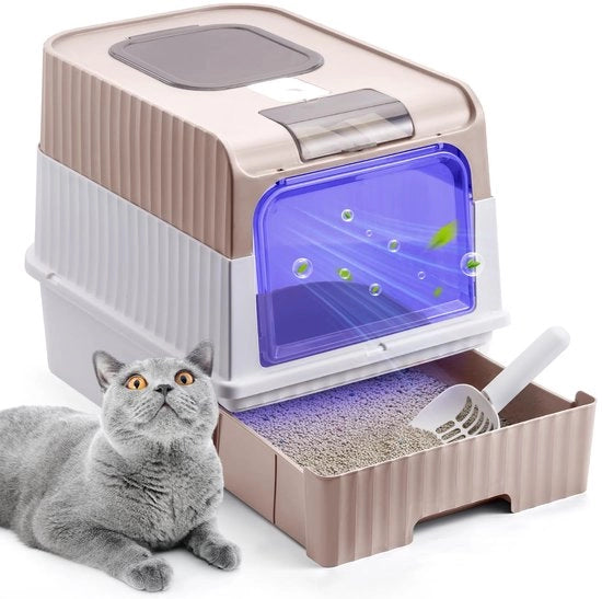 Ciotola per gatti, Ciotola per gatti con sterilizzazione UV, Ciotola per gatti grande con coperchio, Disinfezione dell'aria, Ciotola per gatti chiusa con cucchiaio e cassettiera, Ciotola per gatti grande, Facile da pulire, 48 x 35 x 36 cm, Rosa