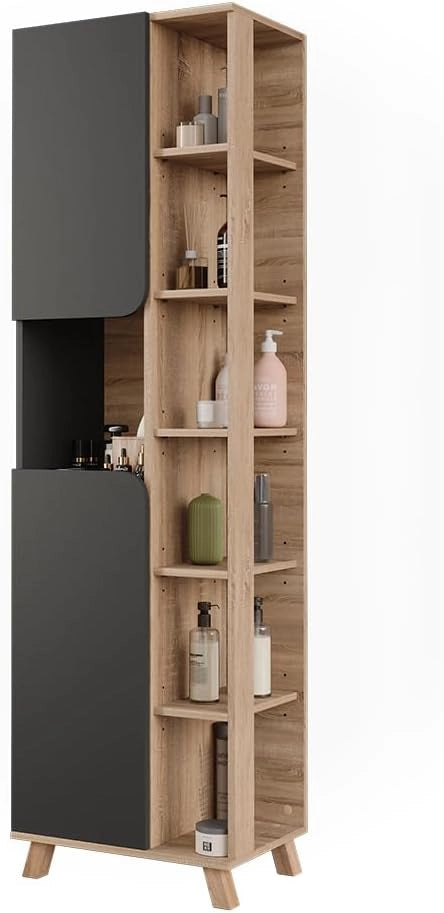 Mobile alto Karen, Sonoma/antracite, 50 x 175 cm con 2 porte, per la conservazione di articoli da bagno e asciugamani