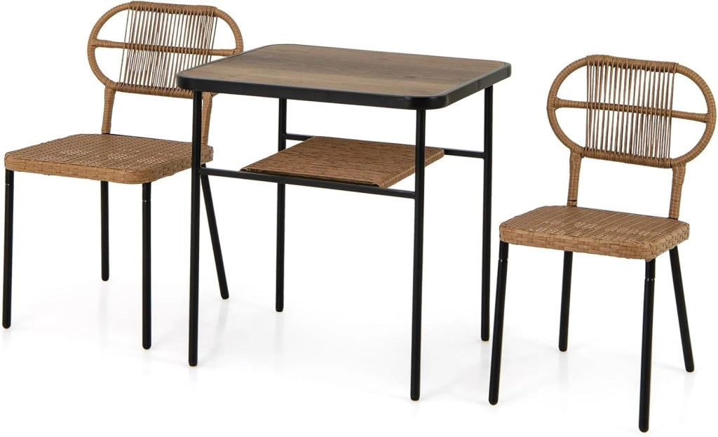Tavolo e sedia da pranzo in rattan, salotto da giardino con tavolo a 2 livelli, 2 sedie in diverse dimensioni, design incassabile, per piccolo spazio, cucina, balcone, terrazza, naturale