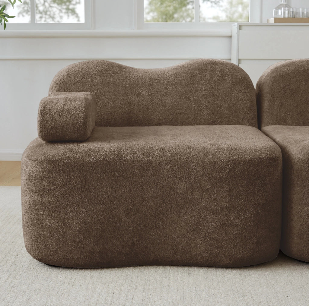 Divano angolare modulare 288x167x70 cm in velluto marrone con pouf e seduta profonda