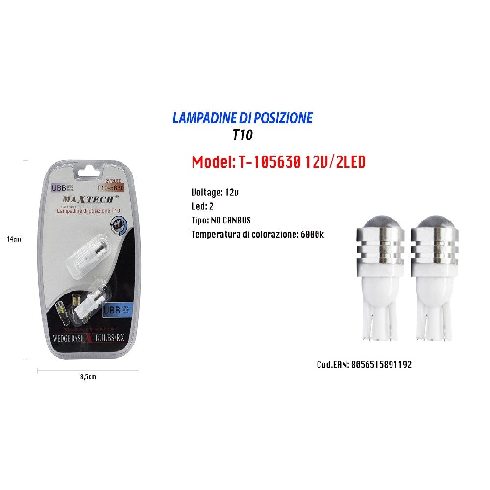 Trade Shop - Lampadine Di Posizione T10 Maxtech T-105630 12v 2led Lampadine Ultra Luminose 6000k -