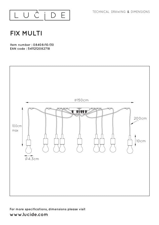 Lampadario Lucide FIX 10xE27 nero Ø150cm H100cm dimmerabile