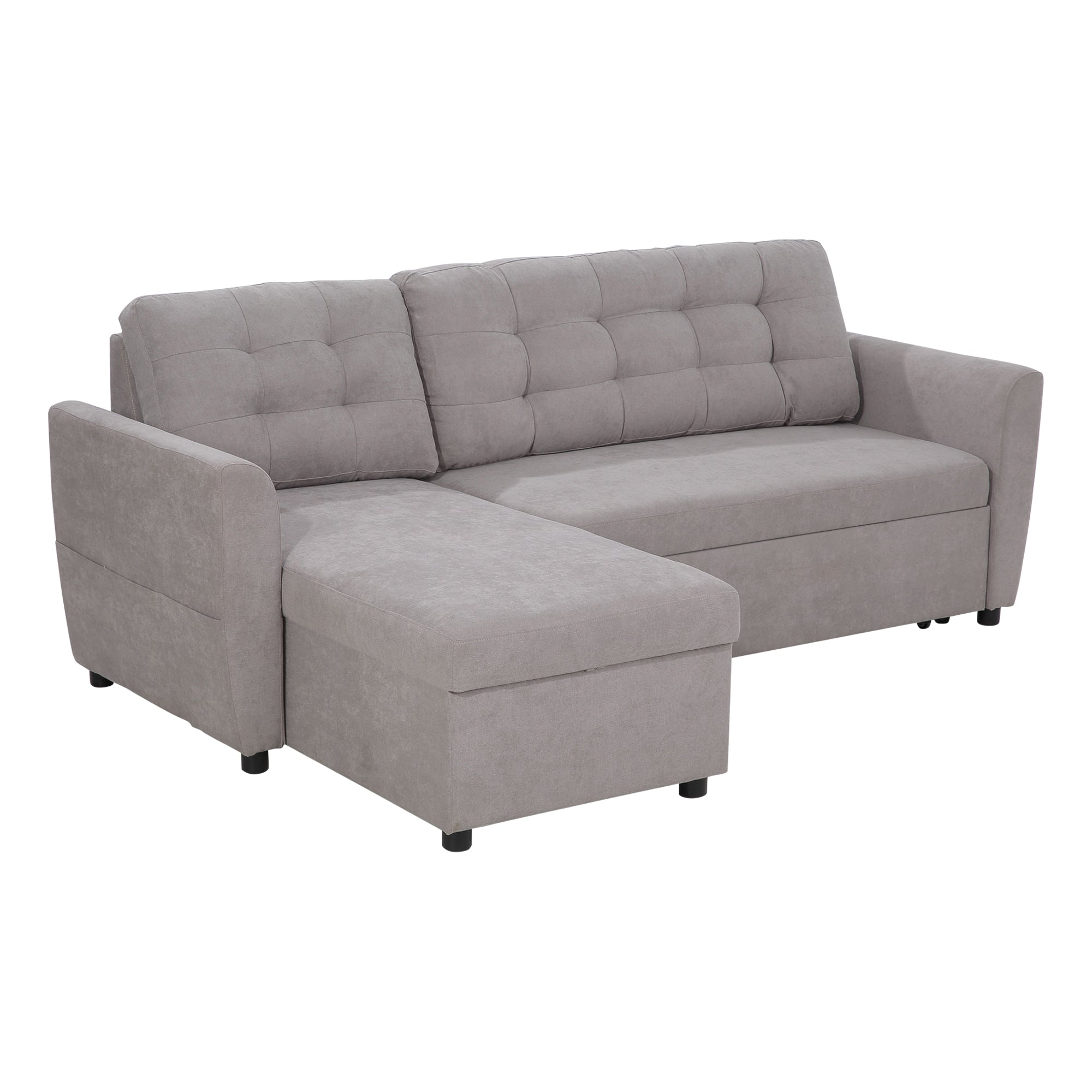 Divano Letto 3 Posti con Chaise Longue Contenitore 217x134x85 cm in Tessuto Effetto Lino Grigio