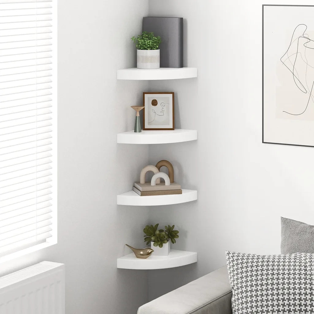 4 pz Mensole | Ripiano | Scaffale Angolari Sospese Bianco Lucido 25x25x3,8 cm MDF