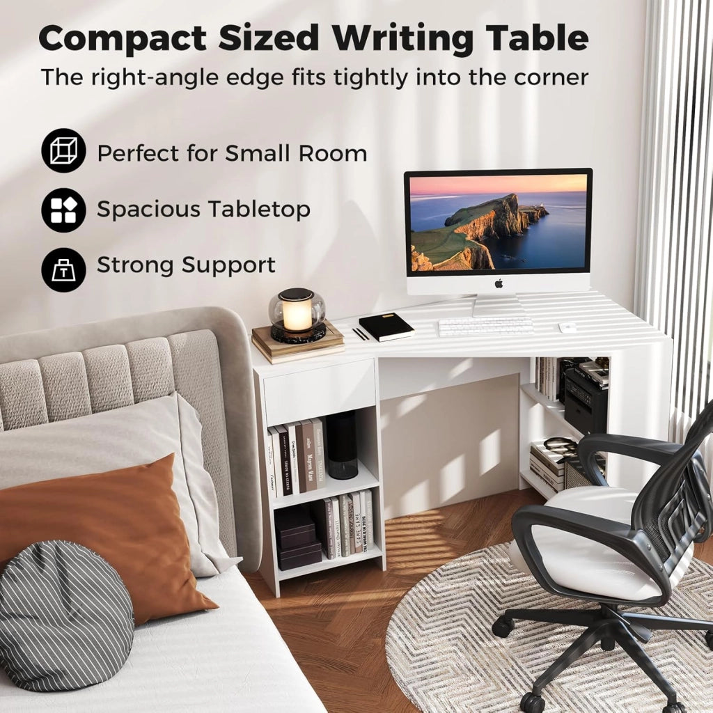 Scrivania per computer a forma di L, 120 x 60 x 75 cm, scrivania ad angolo con cassetti e ripiani aperti, design salvaspazio, tavolo ad angolo per camera da letto, ufficio (bianco)