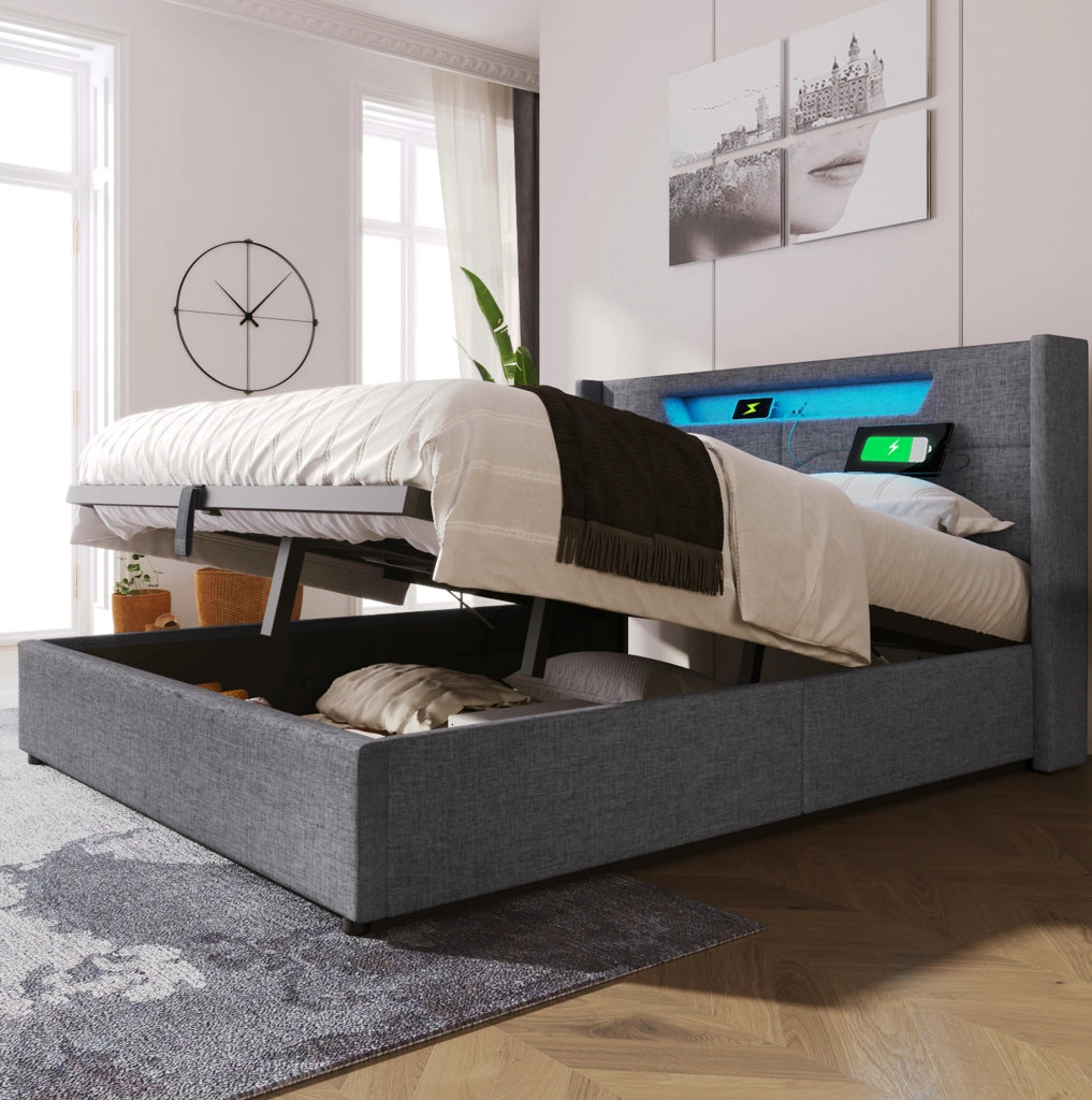 Letto imbottito 160x200 cm con contenitore; LED e ricarica USB Type C in lino grigio