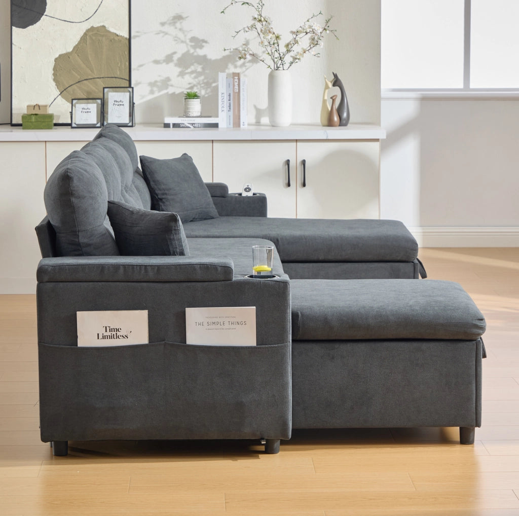 Divano 4 posti con doppia chaise longue; contenitori; portabicchieri e USB Type-C 272x136x86 cm; grigio scuro