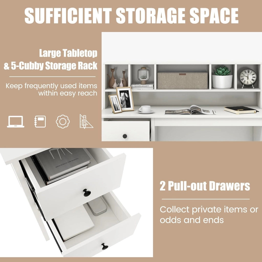Scrivania con porte di ricarica USB, tavolo per computer da 120 cm con cassetti e cabina da 5 cubi, tavolo da studio, tavolo da lavoro per ufficio, camera da letto, bianco