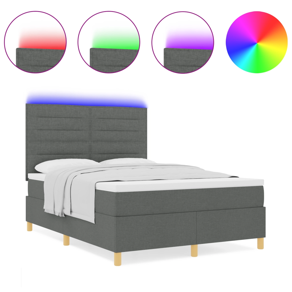 Letto Box Spring con Materasso e LED Grigio Scuro 140x200 cm in Tessuto