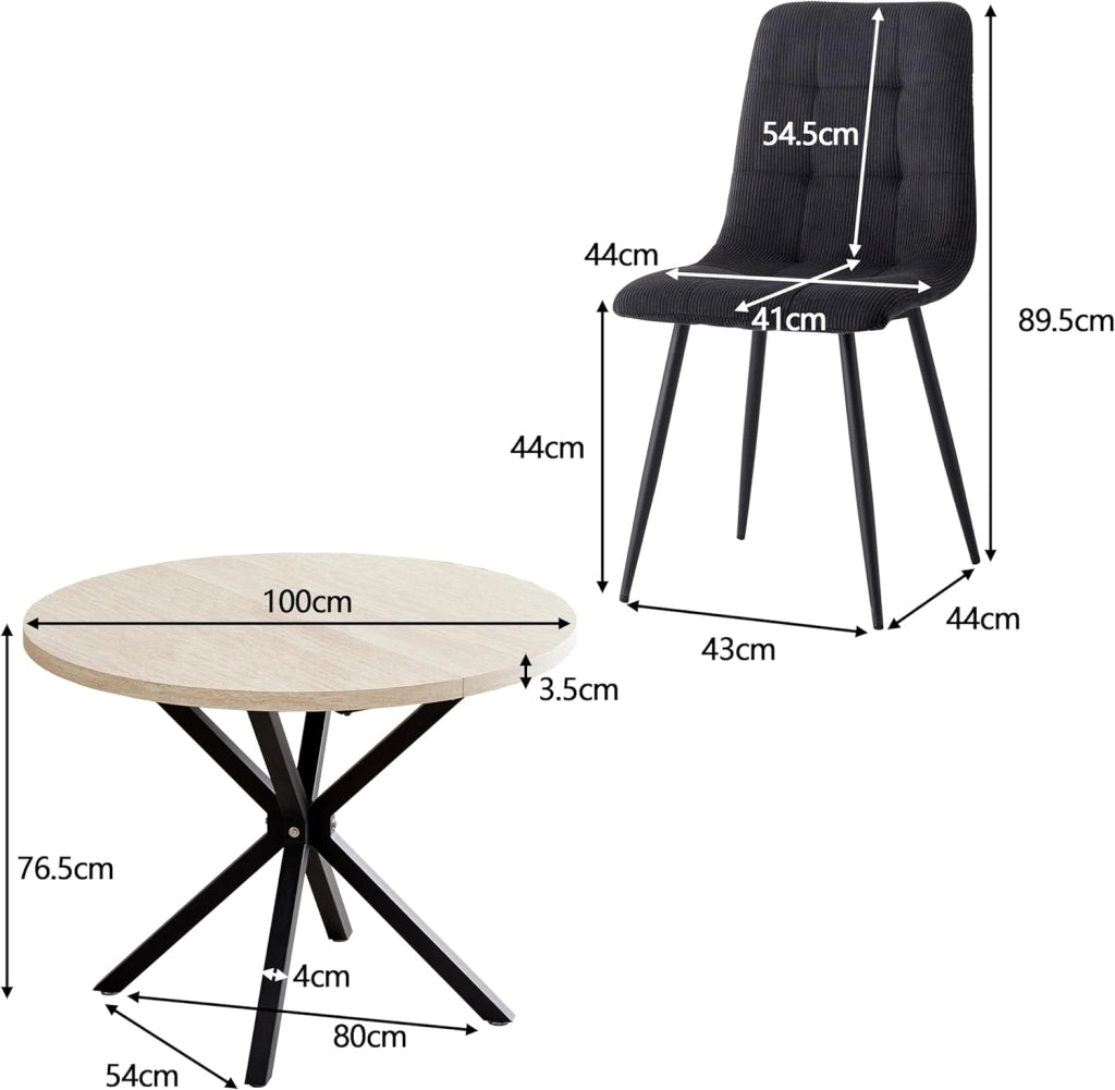 GrandCA HOME Set Tavolo e Sedie da Pranzo, 4 Sedie da Pranzo in Velluto a Coste Nero e un Tavolo da Pranzo Rotondo Moderno da 100 cm, adatti per Cucina e Soggiorno (Pietra di Grotta Gialla)