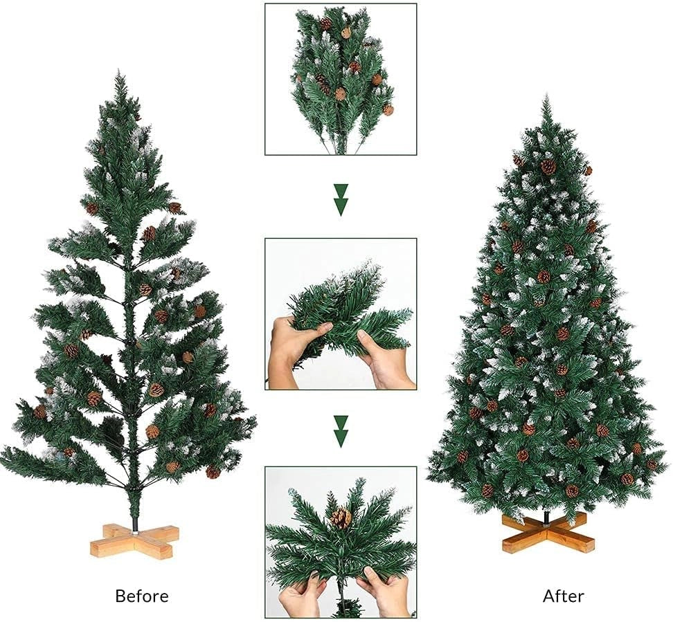 Albero Di Natale Innevato King Premium 210cm 1178 Rami con Pigne e Base Legno