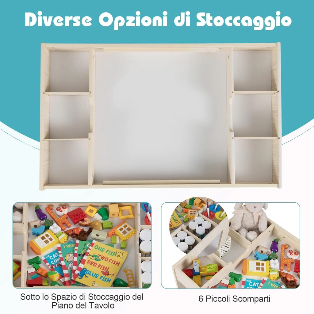 Set Tavolo Multifunzionale per Bambini e 2 Sedie, Tavolo e Sedie in Legno con Piano Doppio Rimovibile, Lavagna Nera & Lavagna Bianca, Compartimenti Laterali con Divisori Staccabili (Naturale)