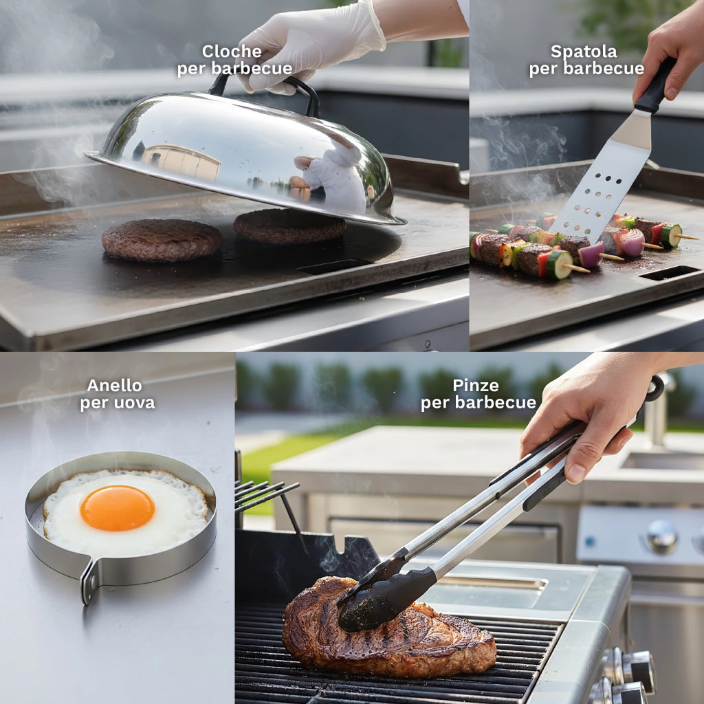 Set Accessori Barbecue Professionale 27 Pezzi Kit Completo BBQ Smash Burger, Pressa Hamburger, Spatole, Pinze, Cloche e Dispenser Salse – Utensili in Acciaio Inox con Borsa Trasporto