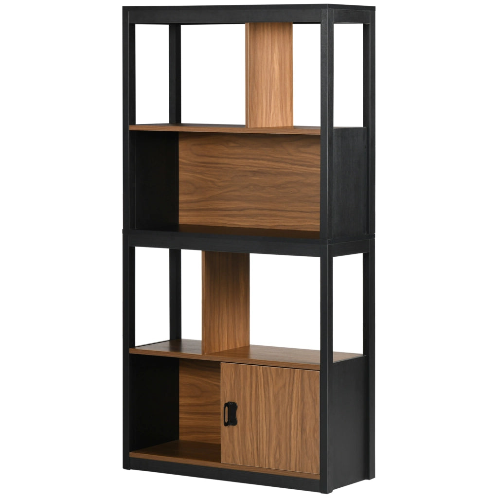 Mobile Libreria 4 Livelli Aperti con Armadietto, in Truciolato e MDF, 76.5x30x150 cm, Marrone e Nero