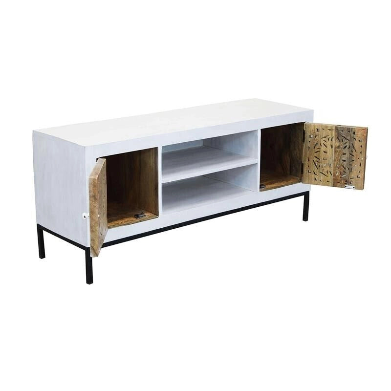 MOBILE CLIFFORD PORTA TV IN LEGNO DI MANGO CON DECORO SBIANCATO