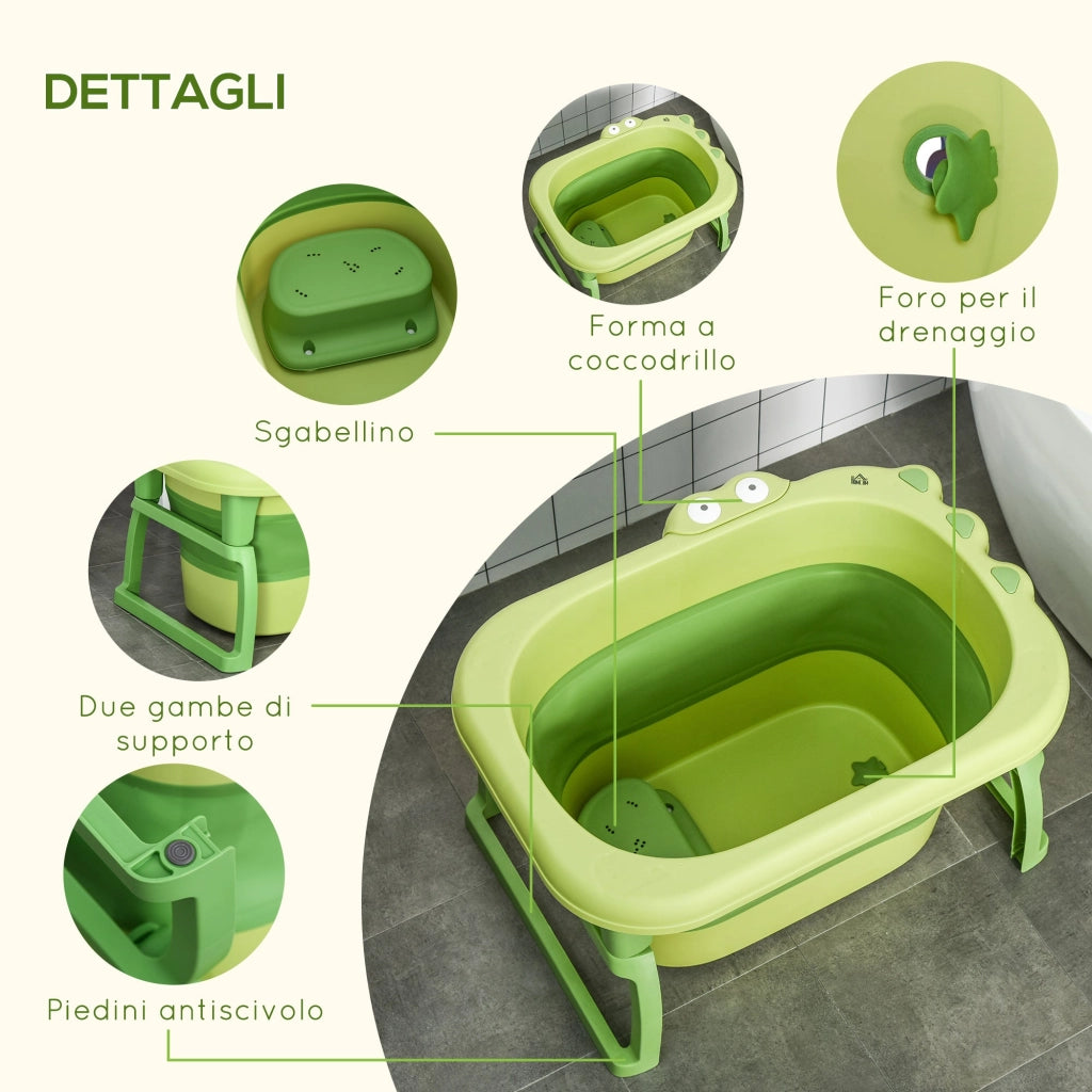 Vaschetta Bagnetto per Bambini 75,3x55,4x43 cm Antiscivolo Pieghevole Verde