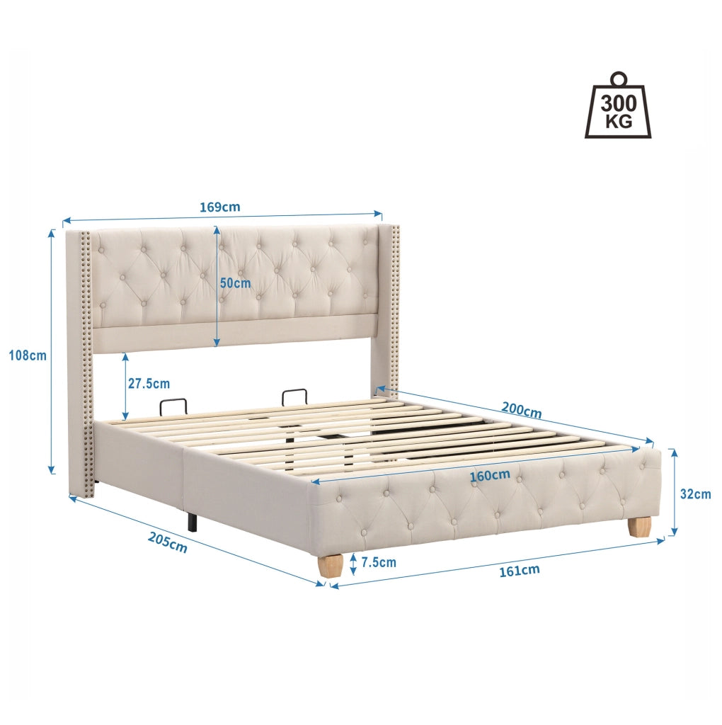 Letto imbottito 160x200 cm; testiera trapuntata con borchie; lino beige (Senza materasso)