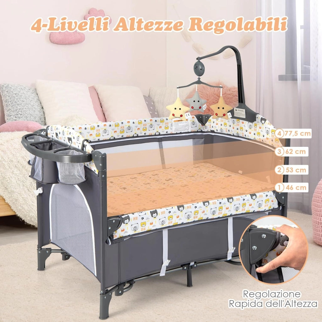 5-in-1 Lettino da Campeggio con Materasso, Lettino per Bambini con Fasciatoio, Lettino Pieghevole e Portabile, Altezza Regolabile in 5 Livelli, per Bambini 0-36 Mesi (Grigio+Beige)
