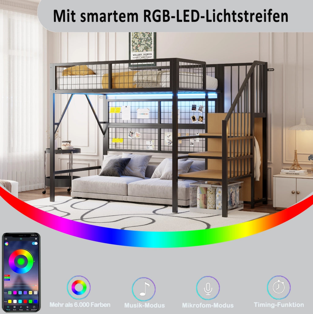 Letto a soppalco 90x200 cm con scala contenitore e LED in metallo nero